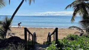 Una playa con palmeras y un paseo de madera que lleva a la orilla.