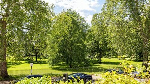 A parking area with cars and a fence, surrounded by lush green trees and grass. - Rare find in Primrose Hill with Park Views (London)