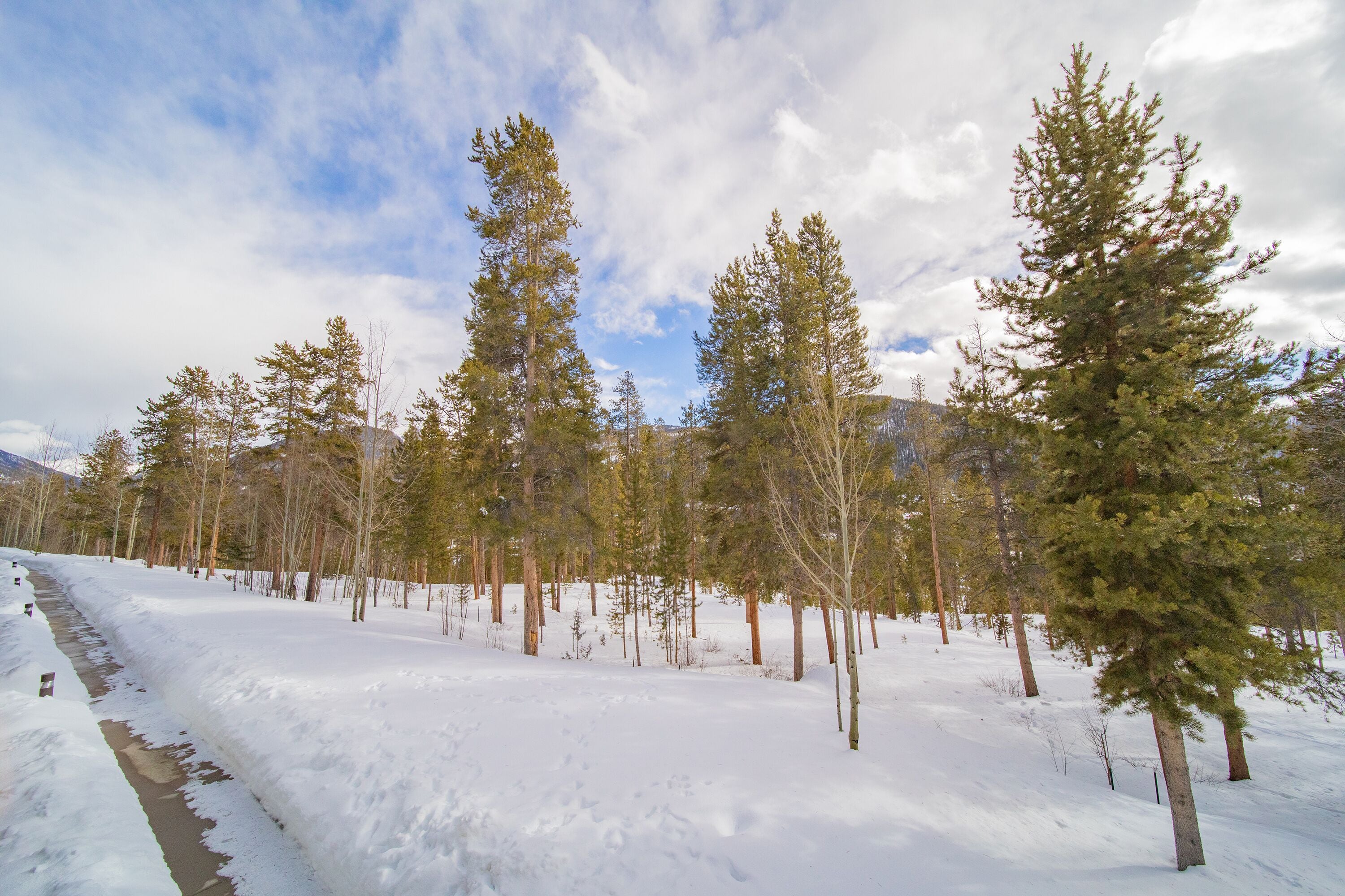 A snowy landscape with a clear sky and a stream running through it.