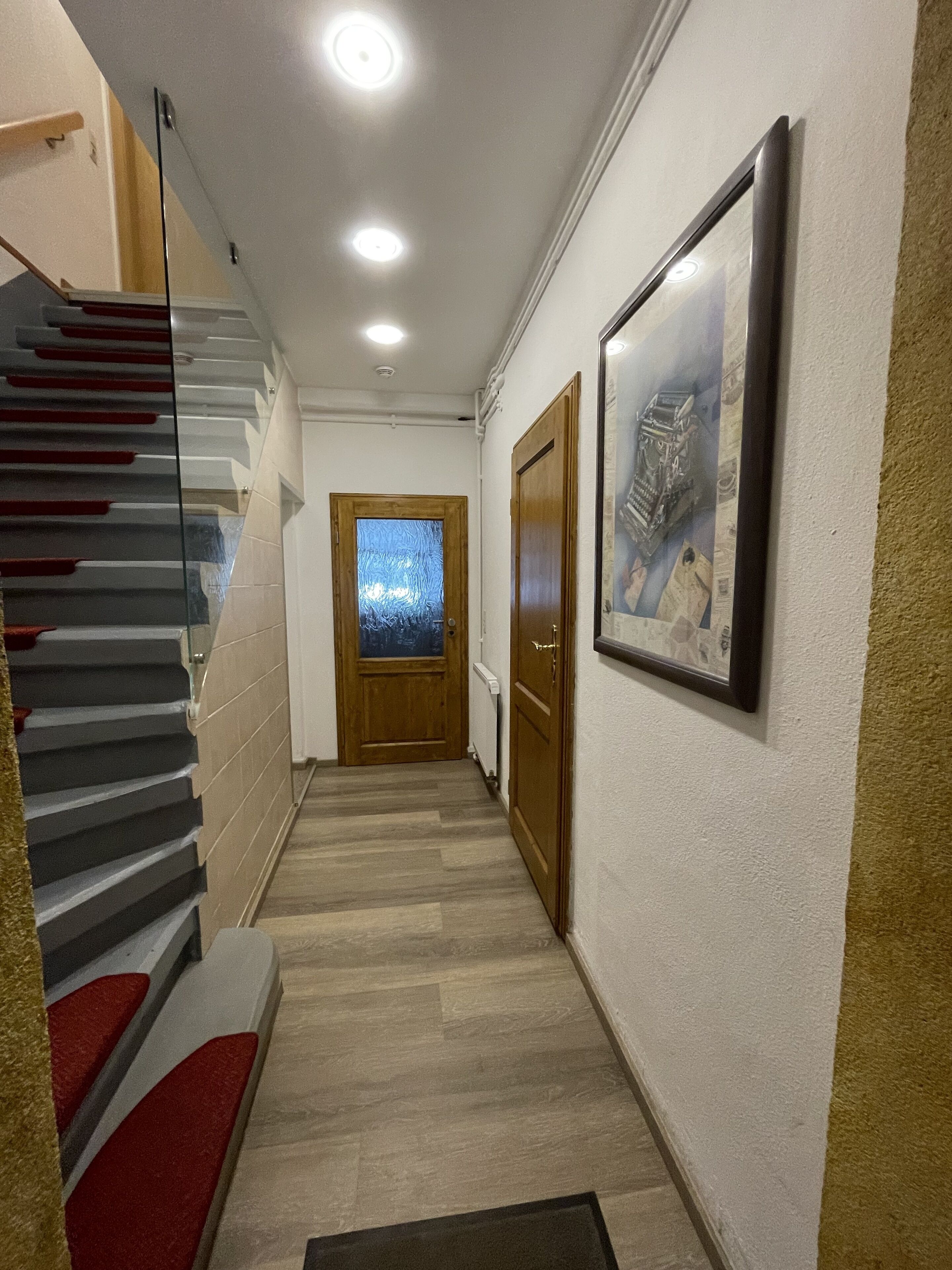 A hallway with a wooden door, a framed picture on the wall, and a staircase with red steps.