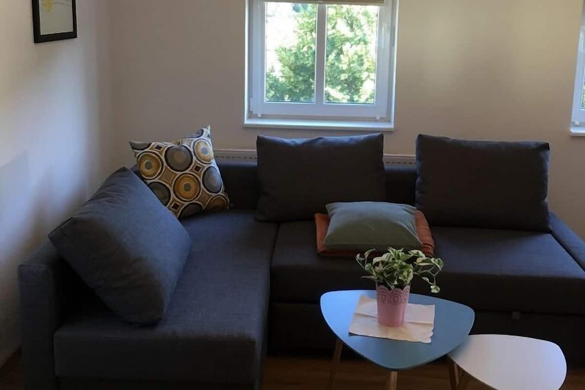 Een moderne woonkamer met een donkergrijze modulaire bank, een klein rond tafeltje met een plant, en een groot raam met uitzicht op groen.