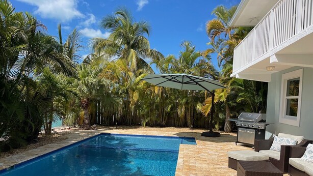 Una piscina con zona de patio, rodeada de palmeras y una parrilla.