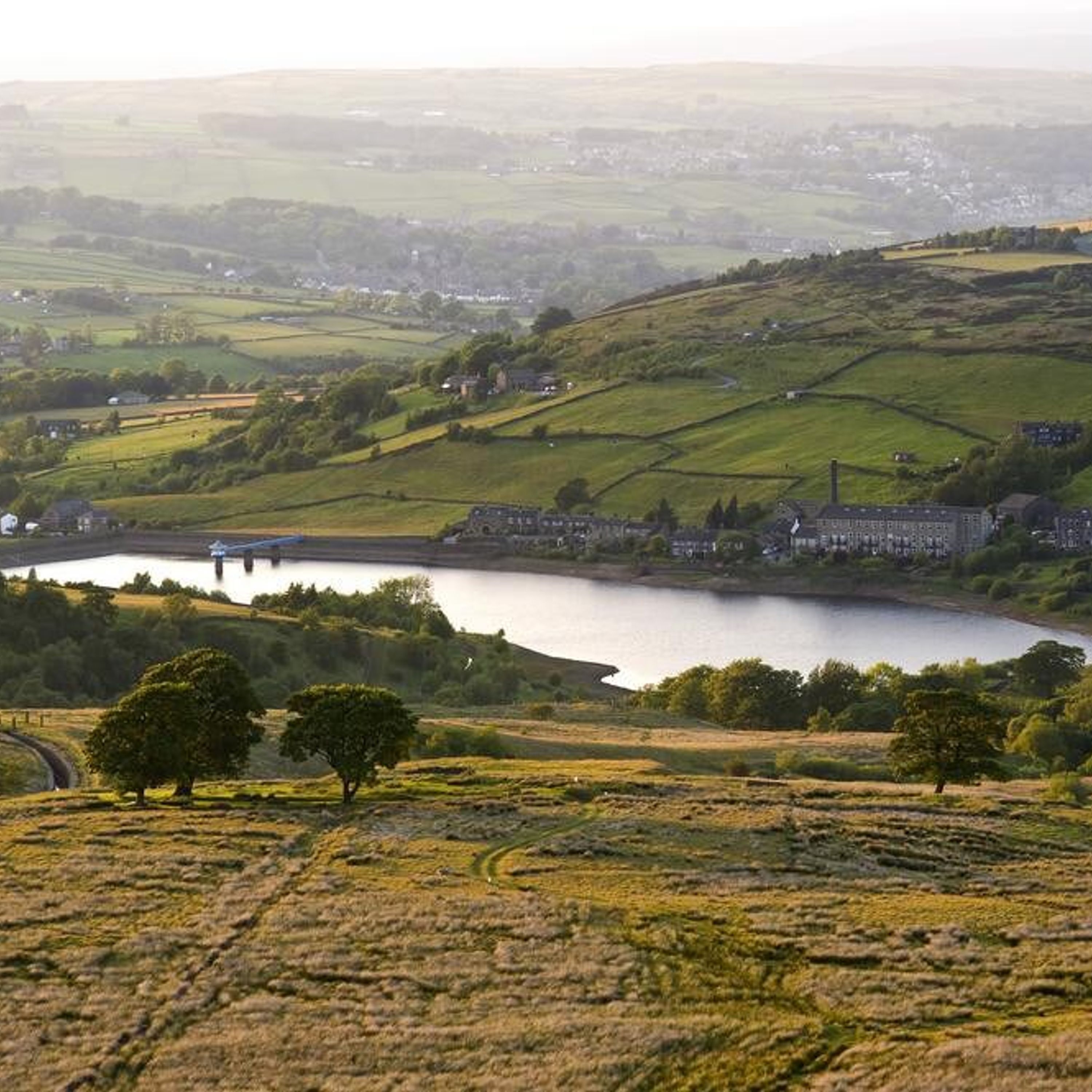 A rural landscape with a lake, rolling hills, and a small village.