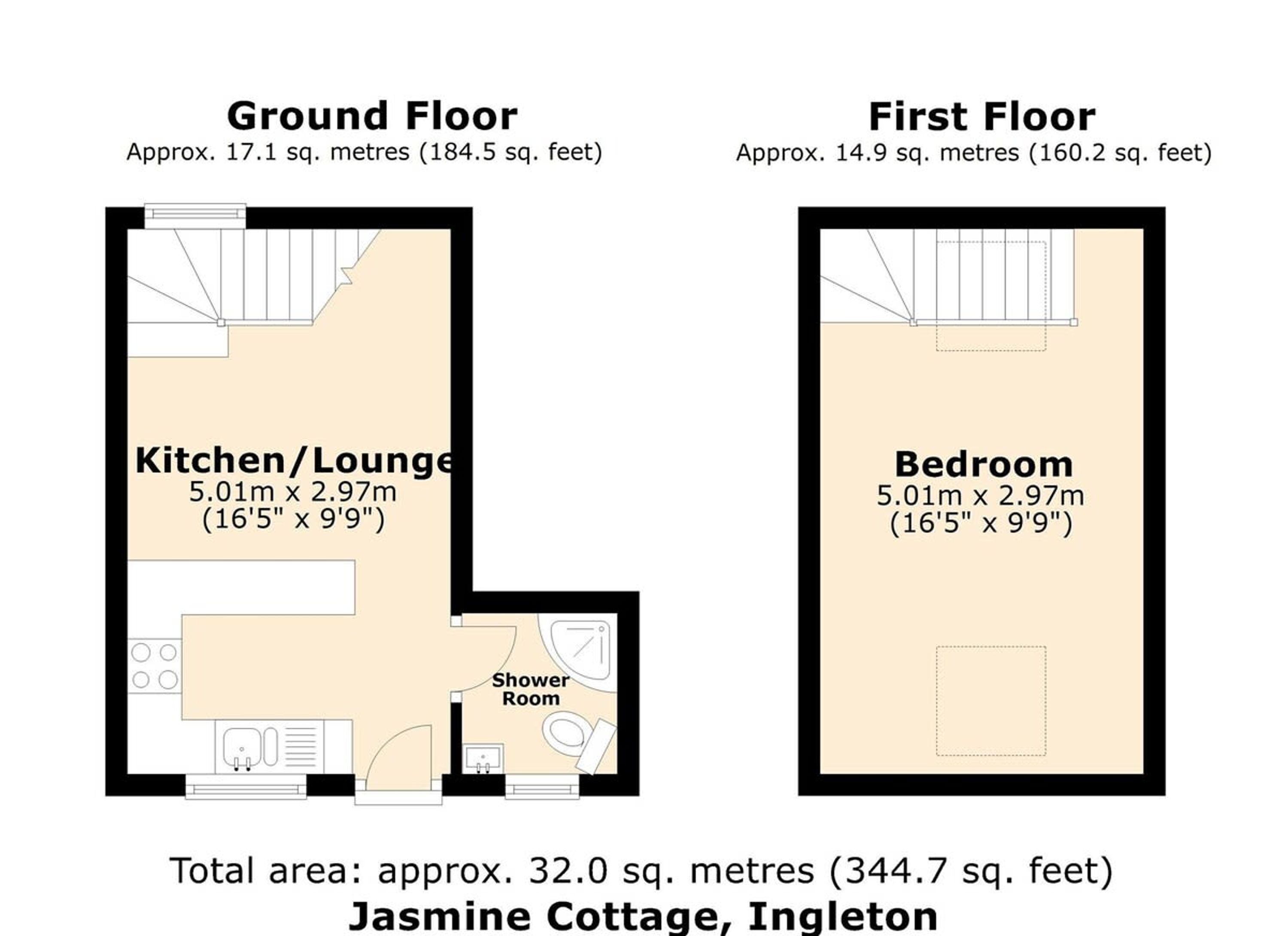 Plattegrond van Jasmine Cottage in Ingleton, met een totale oppervlakte van ongeveer 32,0 vierkante meter (344,7 vierkante voet). Het omvat een keuken/woonkamer en een slaapkamer, elk met afmetingen van 5,01m x 2,97m (16'5" x 9'9").