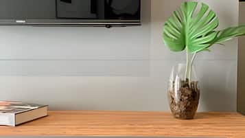 Uma prateleira de madeira com uma planta em vaso texturizado, um livro e uma televisão de tela plana fixada na parede.