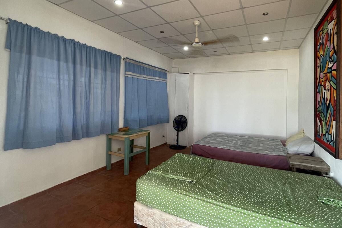 Een kamer met een bed, een bureau, een ventilator en een plafondventilator.