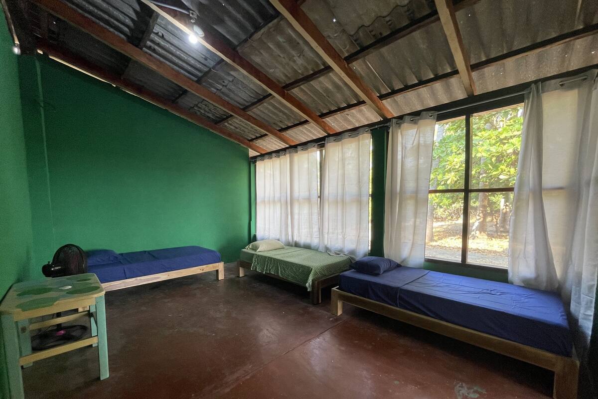 Een kamer met twee houten bedden, een kleine tafel en een groene wand.