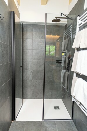 Hair dryer, towels, soap, shampoo