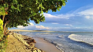 Ein Strand mit einem Kiesweg, Bäumen und Menschen, die schwimmen und spazieren gehen.