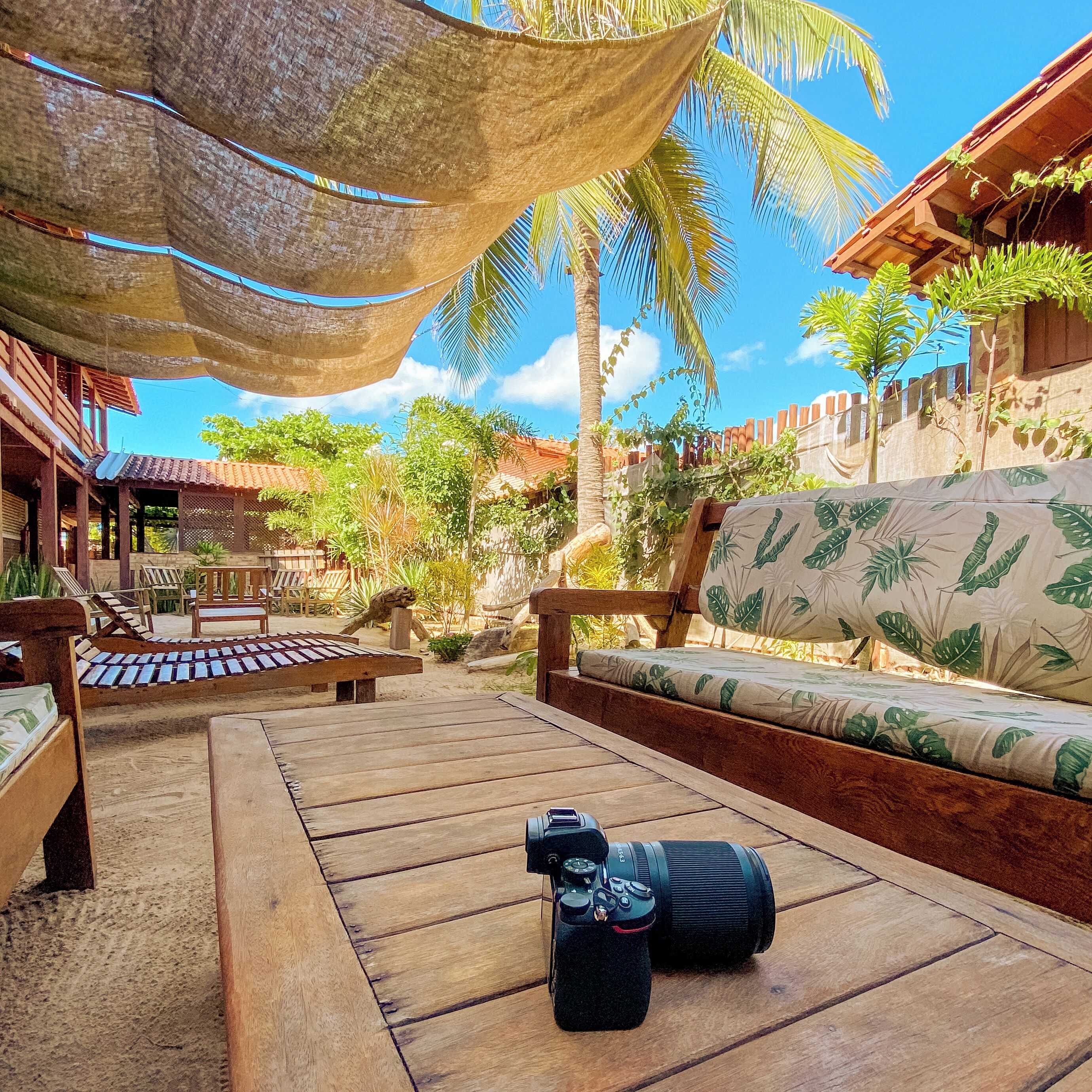 Eine Holzterrasse mit Kamera und Taschen, umgeben von tropischen Pflanzen und einer Hängematte.