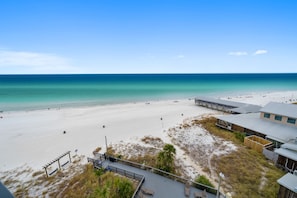 On the beach, sun loungers, beach towels