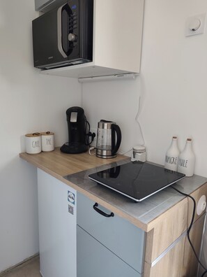 Réfrigérateur, micro-ondes, plaque de cuisson, cafetière/bouilloire