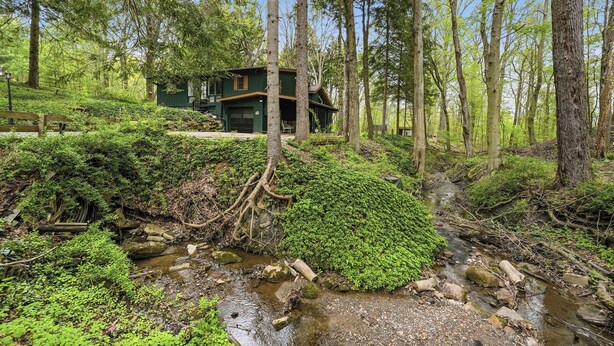 Una cabaña rodeada de un bosque denso, un arroyo y una terraza de madera.
