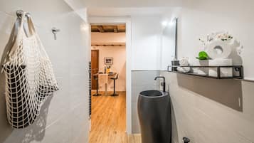 Hair dryer, towels, soap, toilet paper