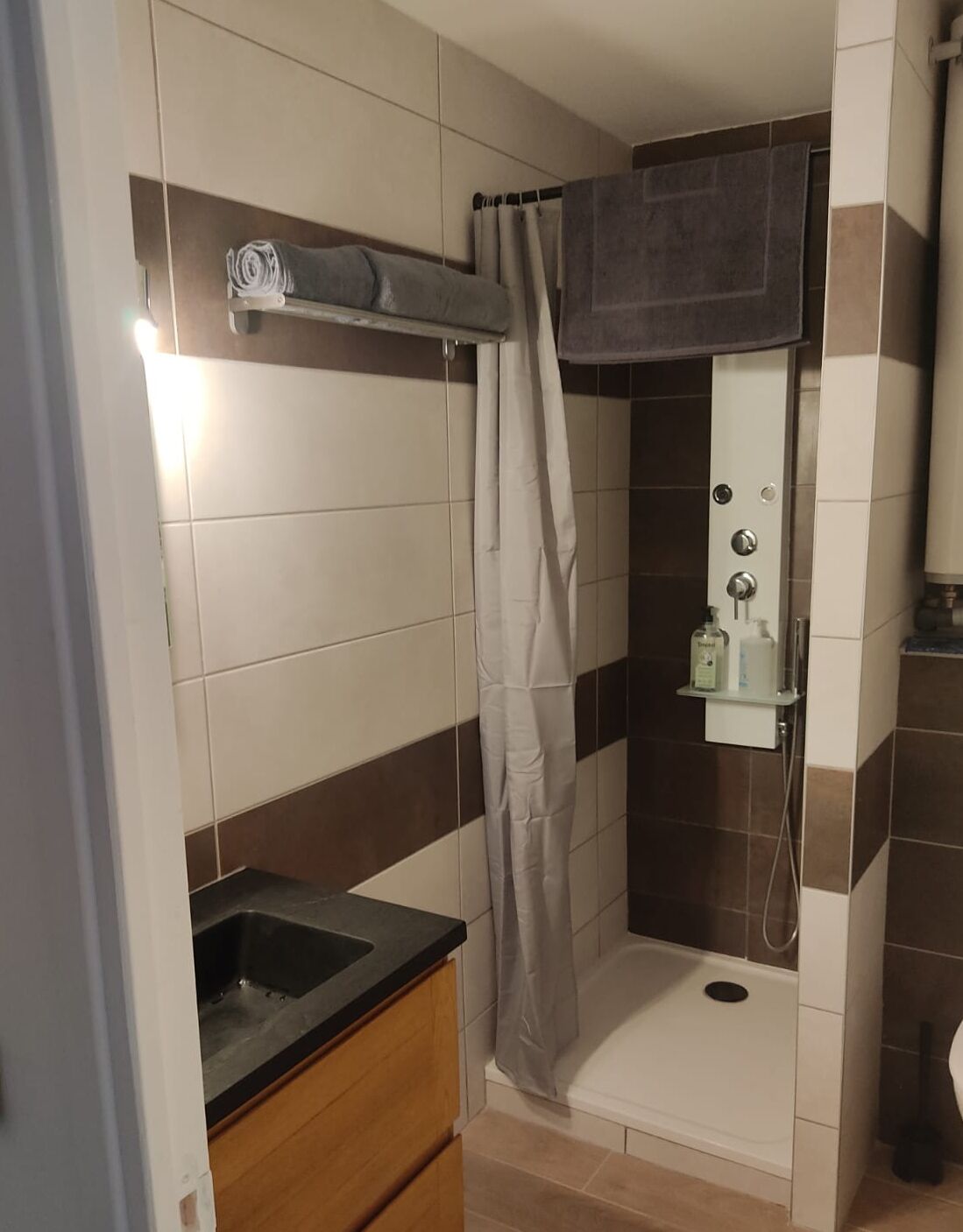 シャワー、ヘアドライヤー、タオル、石鹸