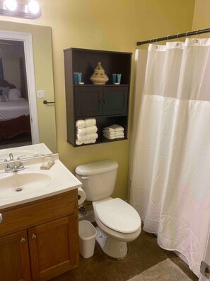 Hair dryer, towels, soap, toilet paper