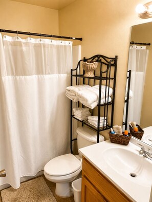 Hair dryer, towels, soap, toilet paper
