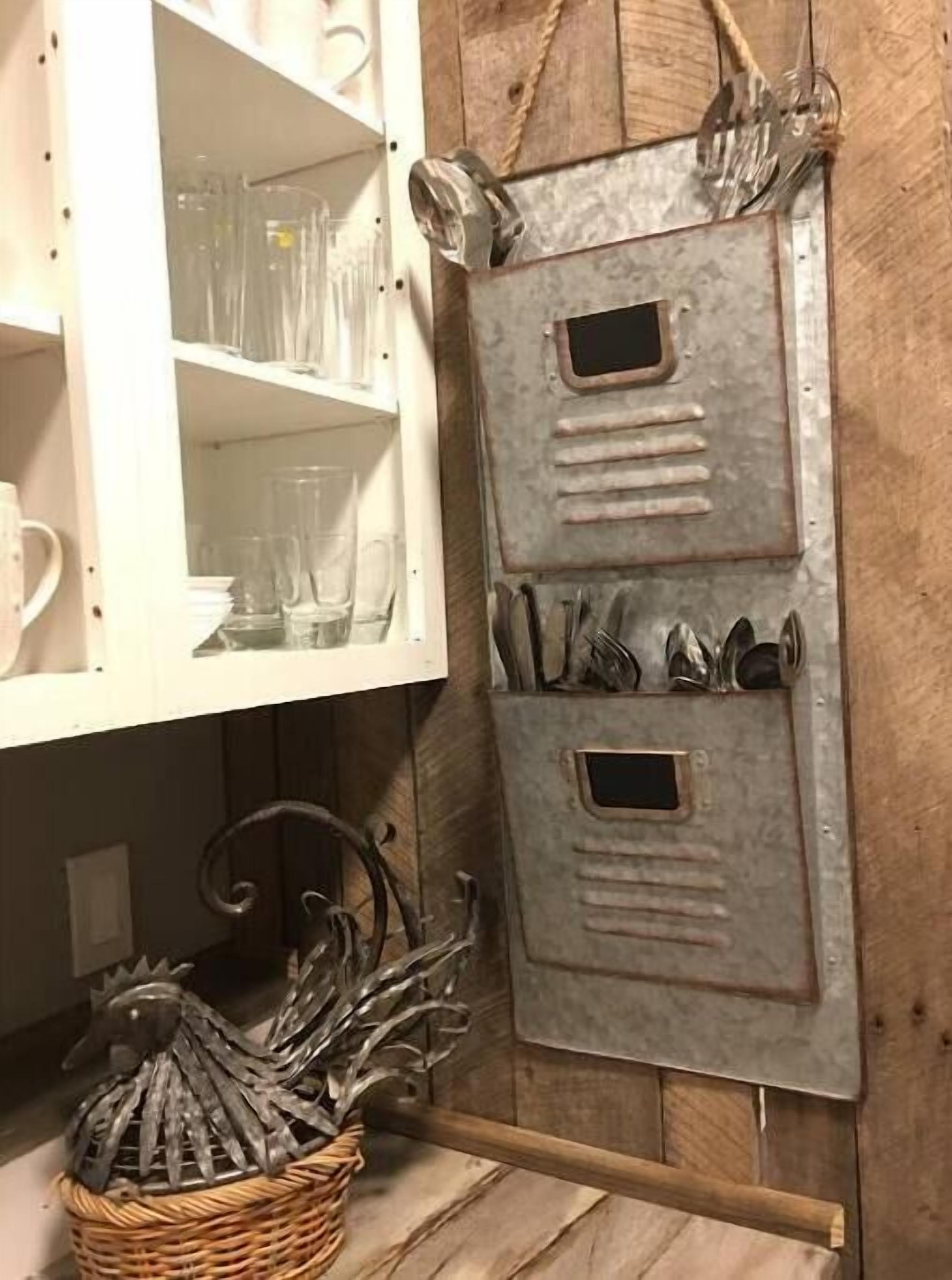 A rustic kitchen with wooden cabinets, a metal utensil rack, and a wicker basket.