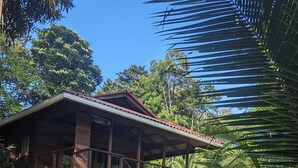 Une structure en bois dotée d’un porche et d’un escalier menant à une terrasse.