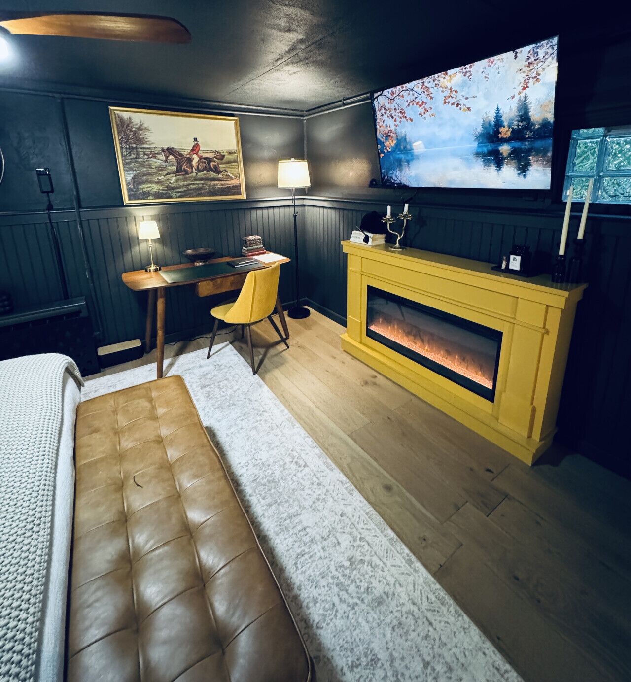 Smart TV, fireplace, books