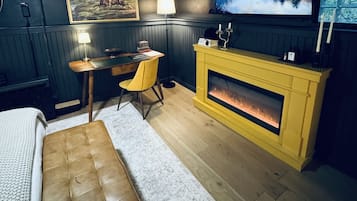 Smart TV, fireplace, books