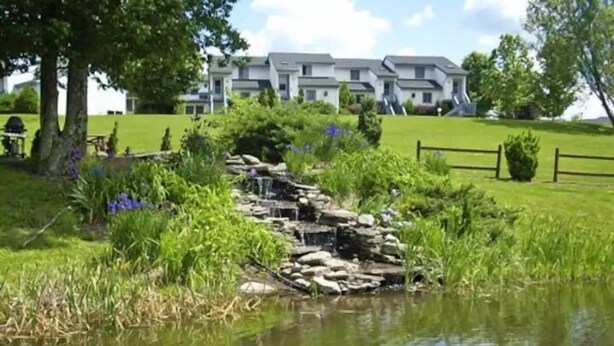 A pond with a small waterfall, surrounded by lush greenery and a row of houses in the background. - Endless Mountain Resort (Union Dale)