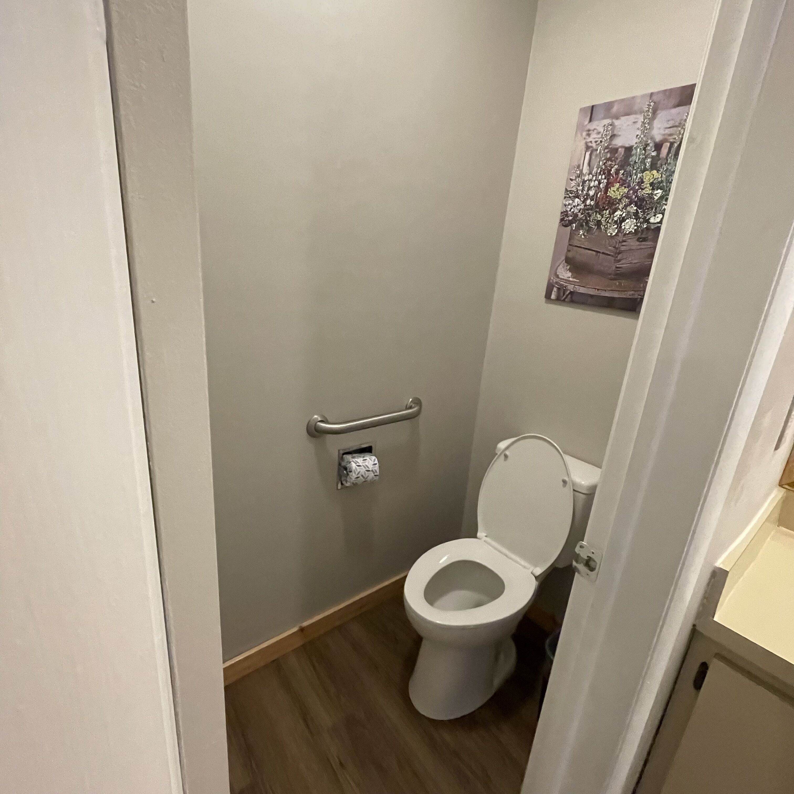 A small, narrow bathroom with a toilet, a handrail, and a toilet paper holder.