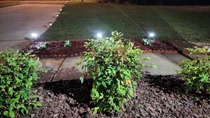 Een goed verlichte tuin met een pad, netjes gemaaid gras en bloembedden.