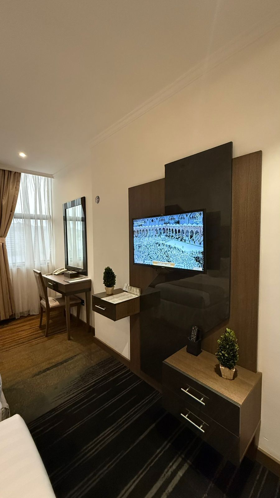 A hotel room with a flat-screen TV mounted on the wall, a desk with a chair, a small plant, and a wooden cabinet.