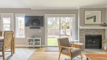 Smart TV, fireplace, books