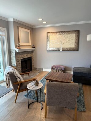 Smart TV, fireplace, books