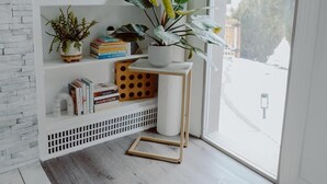 A corner room with a white brick wall, a large window, and a view of the outside. There is a shelf with books, a potted plant, and a white radiator.