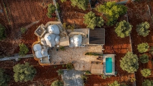 An aerial view of a property with multiple structures, including a swimming pool, surrounded by trees and landscaped areas.