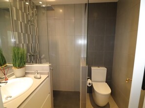 Bathroom features a glass-enclosed shower, toilet, and large sink with mirror.