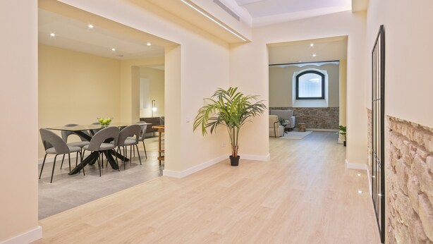 A spacious living area with a dining table, chairs, a potted plant, and a stone accent wall.