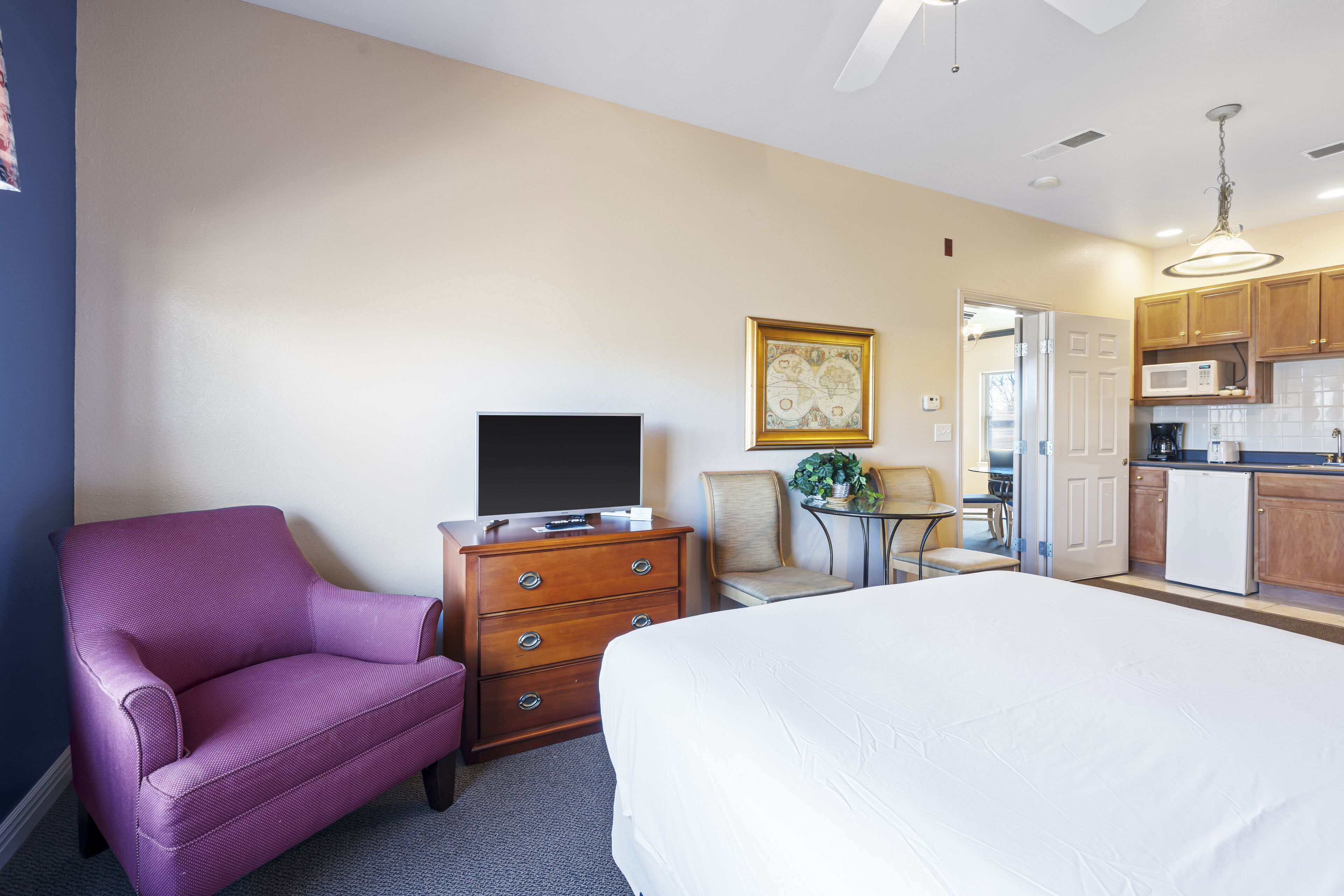 Una habitación de hotel con cama, cómoda, televisor, silla, una mesita con una planta y una kitchenette al fondo.