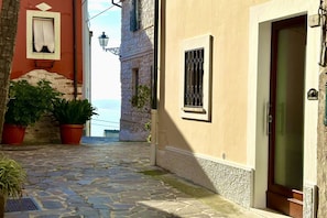 A narrow cobblestone street with a stone building, a door with a number, and a window with a curtain.