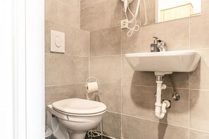 Douche, séchoir à cheveux, serviettes fournies, savon