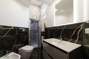 Shower, hair dryer, bidet, towels