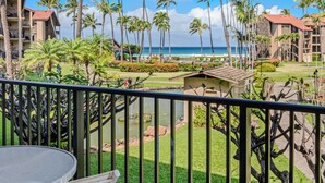 Un balcon avec vue sur une plage, des palmiers et un petit étang.