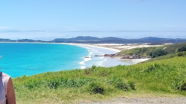 Un paisaje costero con una vista despejada de la playa y el océano.