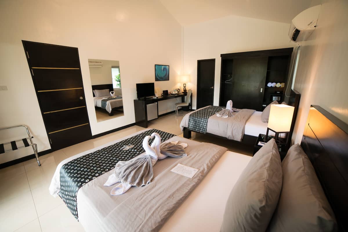 Habitación de hotel con dos camas, un escritorio, una silla, un televisor y un espejo.