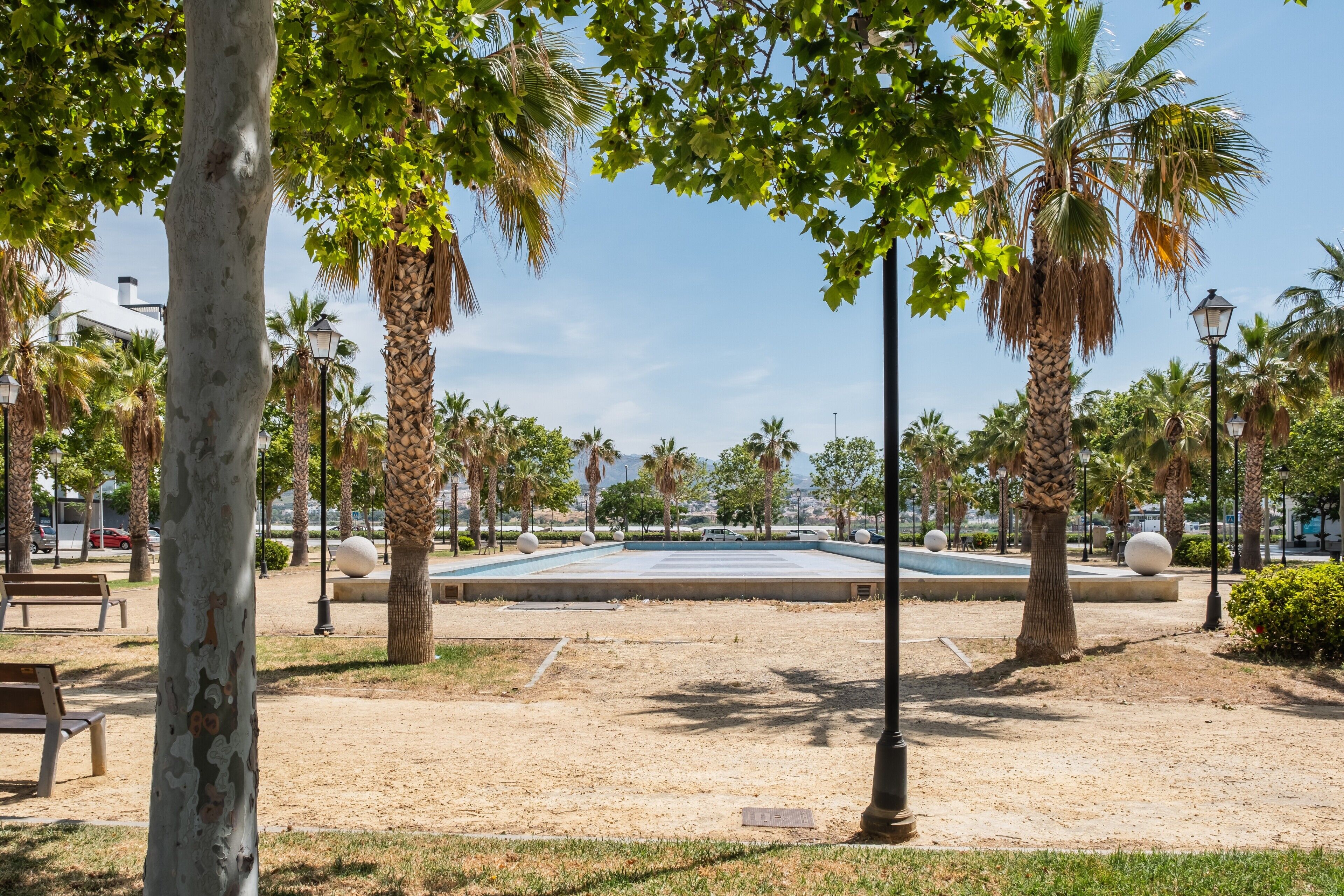 Ein Park mit Palmen, Bänken und einem befestigten Bereich.