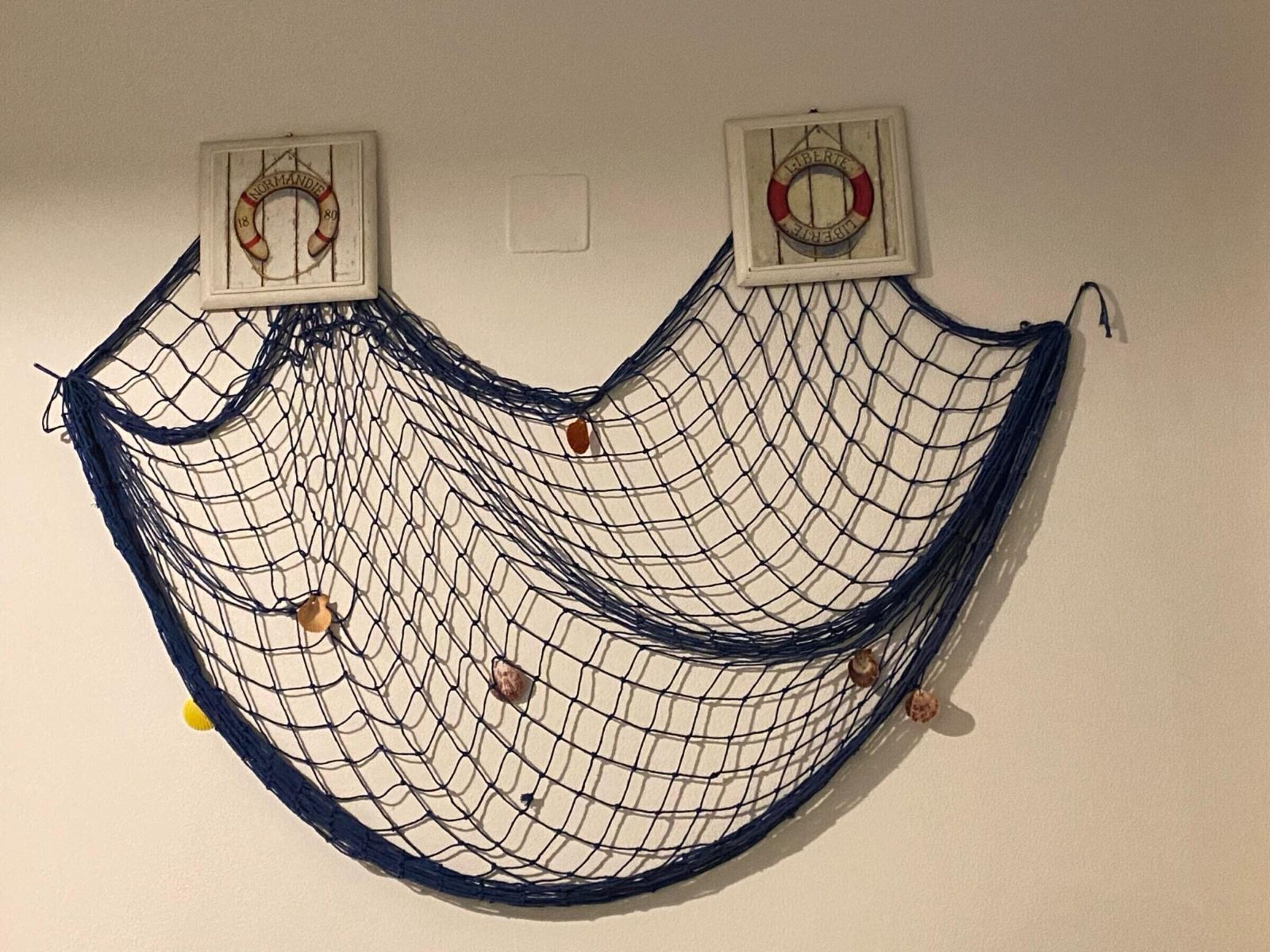 A wall-mounted net structure with two framed signs above it.