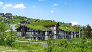 A cluster of wooden buildings with green roofs, set on a hillside. - Amazing apartment in Noresund with WiFi (Noresund)