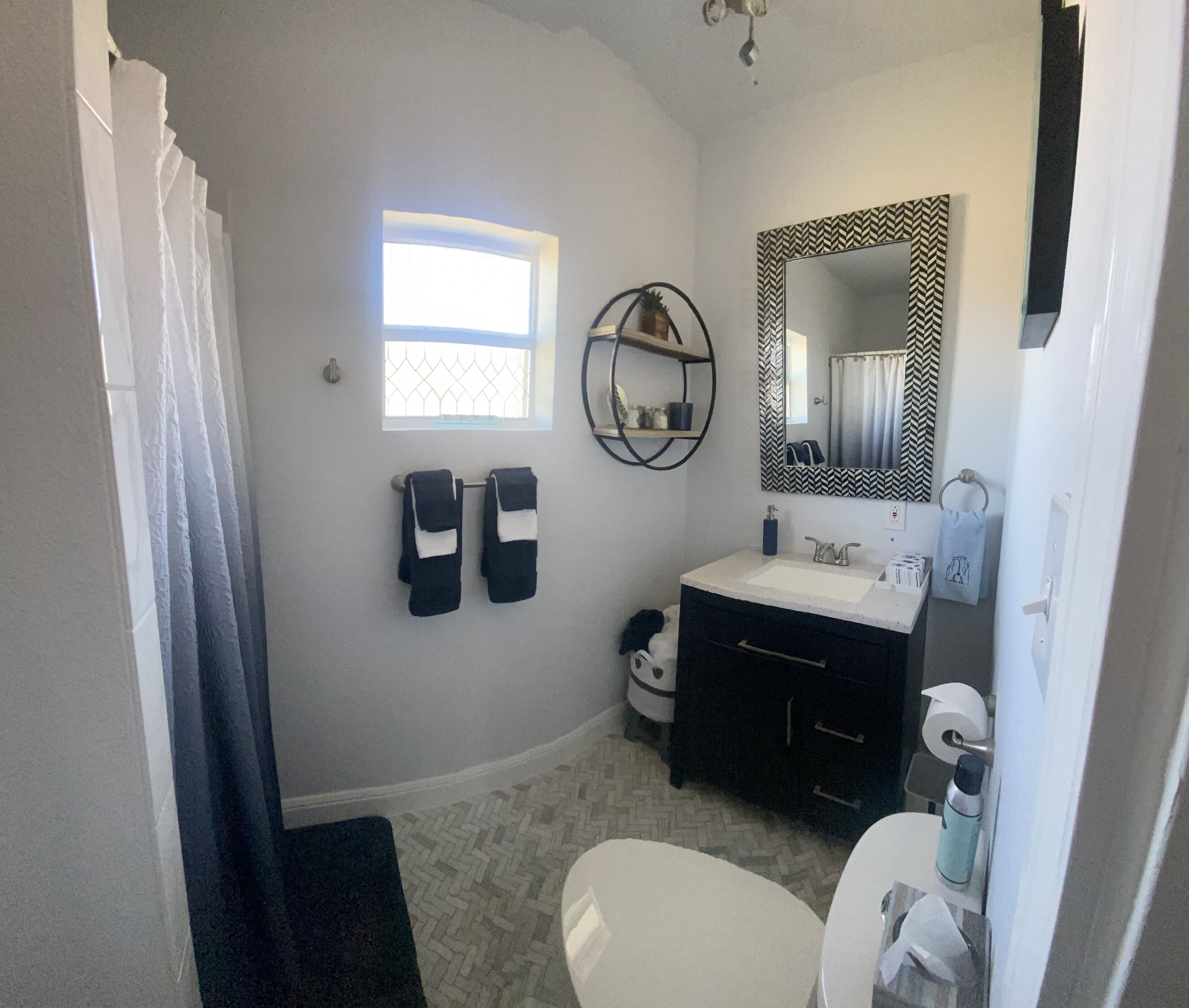 Hair dryer, towels, soap, toilet paper