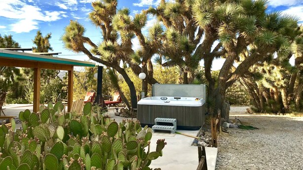 Una vasca idromassaggio circondata da cactus e piante desertiche, con un pergolato in legno e area salotto esterna.