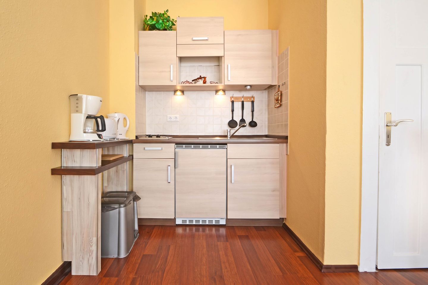 Una cocina compacta con lavavajillas, cafetera y lavabo.