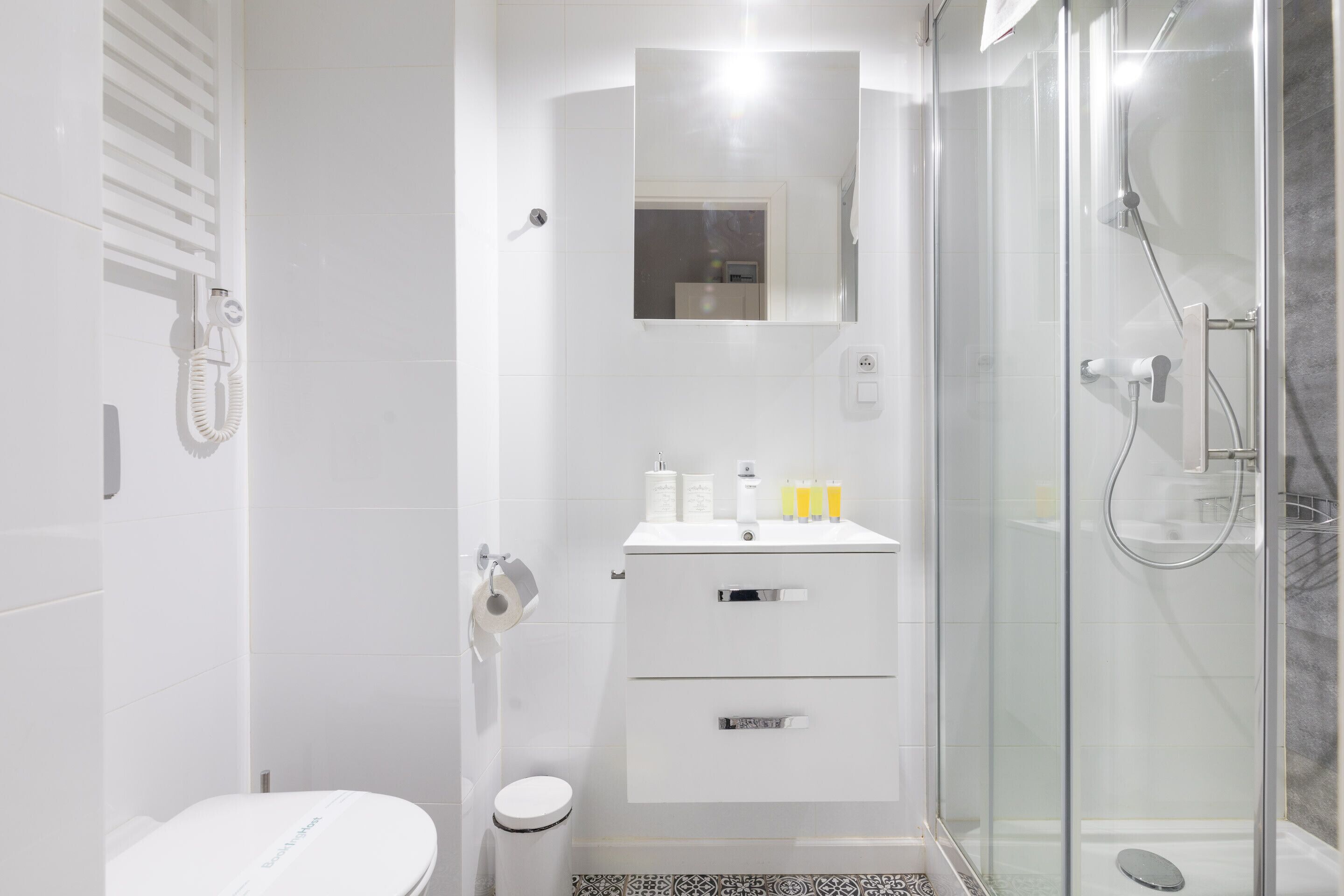 Shower, hair dryer, towels