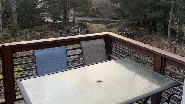 Une terrasse avec une table et des chaises, offrant une vue sur une forêt et des montagnes.